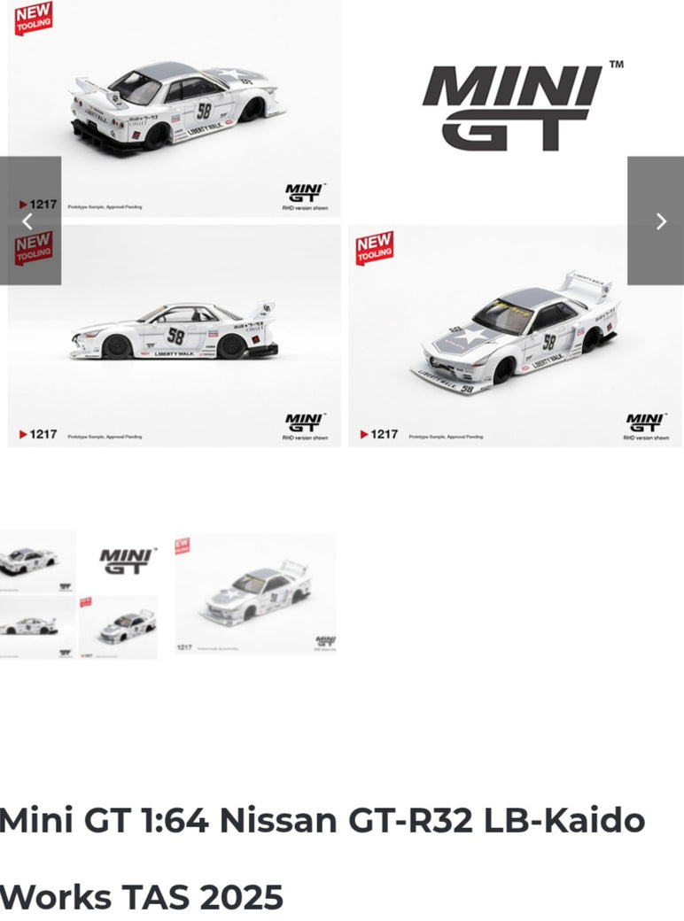 Mini GT 1.64 Nissan GT R32 Kaido Works Tas 2025